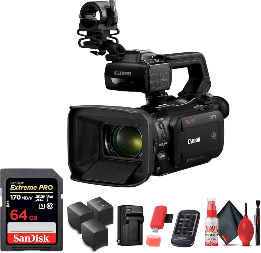 Canon XA70 UHD 4K30 Camcorder with Dual-Pixel Autofocus (5736C002) + 64GB Memory Card, Extra Battery, Extra Charger, 5pc Cleaning Kit, & Memory Card Reader (Renewed)