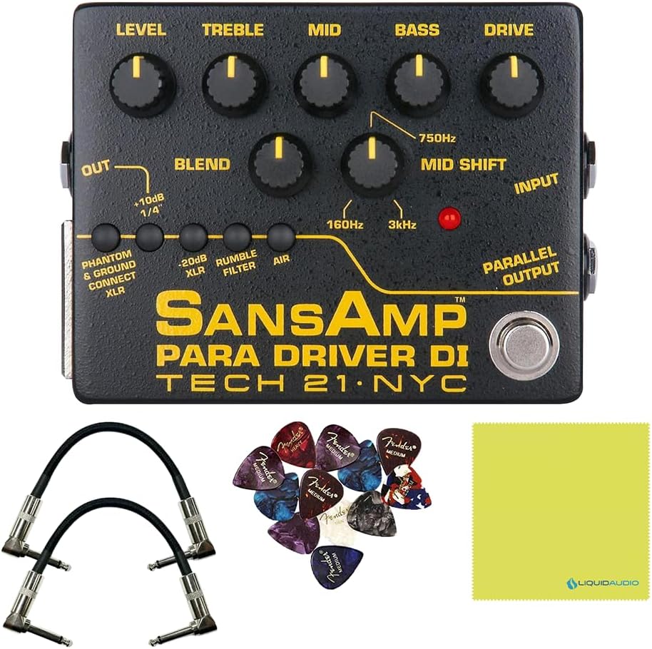 Tech 21 PMDI V2 SansAmp Para Driver DI V2 Guitar Bass Effects Pedal Bundle w/ 2x Strukture S6P48 Woven Right Angle Patch Cables, 12x Fender Picks & Liquid Audio Polishing Cloth