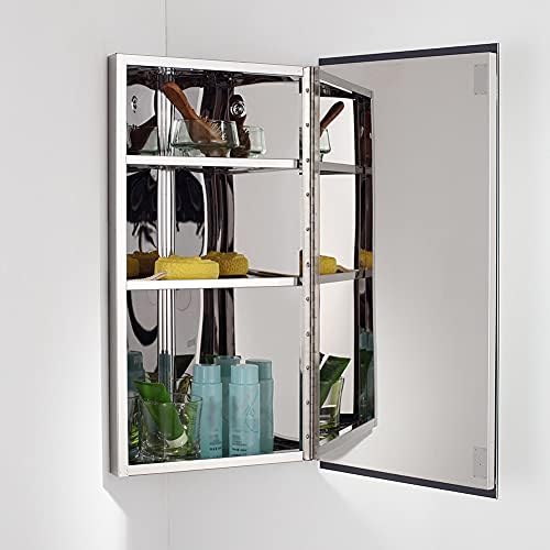Wall Mount Bathroom Corner Medicine Cabinet with Mirror Door Stainless Steel Storage Cupboard Three Shelves Left/Right Reversible 300 x 600 x 190 mm