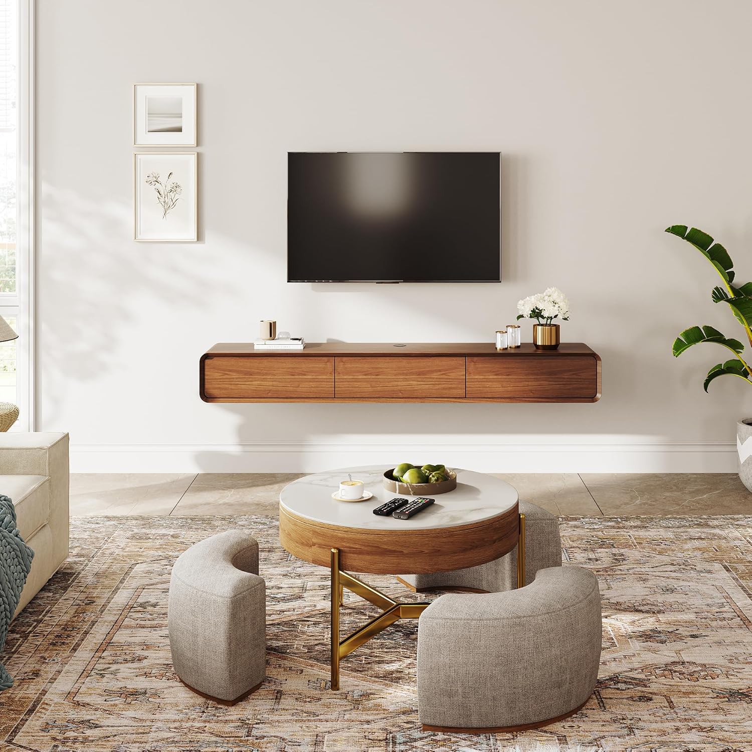 Fully-Assembled Minimalist Floating TV Stand, Modern Wall-Mounted Entertainment Center with 3 Flip-Down Cabinet Doors, Solid Wood, Walnut Veneer, 78