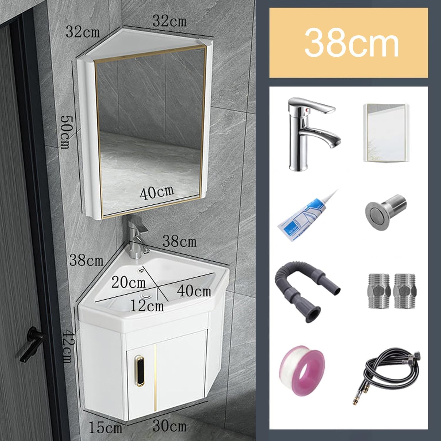 Generic Corner Bathroom Vanity Cabinet and Sink, Wall Mount Multifunctional Practical Ceramic Sink with Mirror Cabinet, Freestanding Vanity Sinks for Bathrooms, Laundry Room, Balcony, White