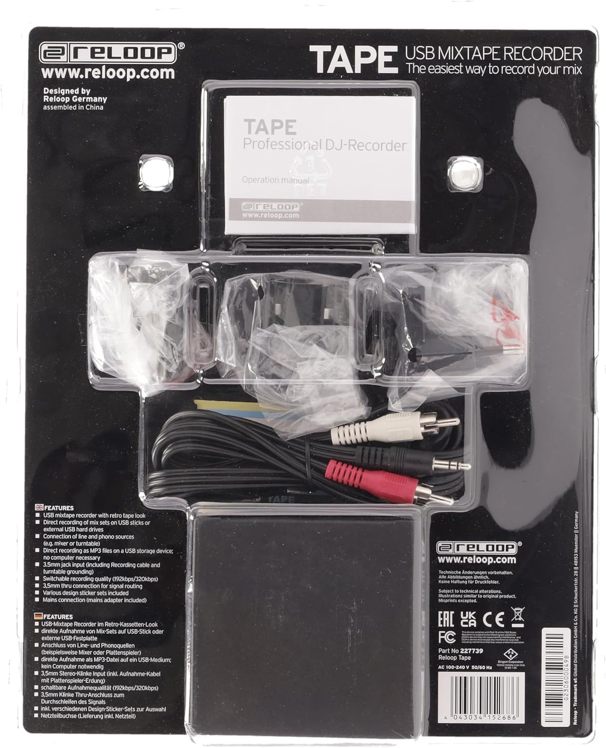 Reloop Tape - Digital Recording Interface for USB Drives - Bundle with 9ft 3.5mm Aux Cable