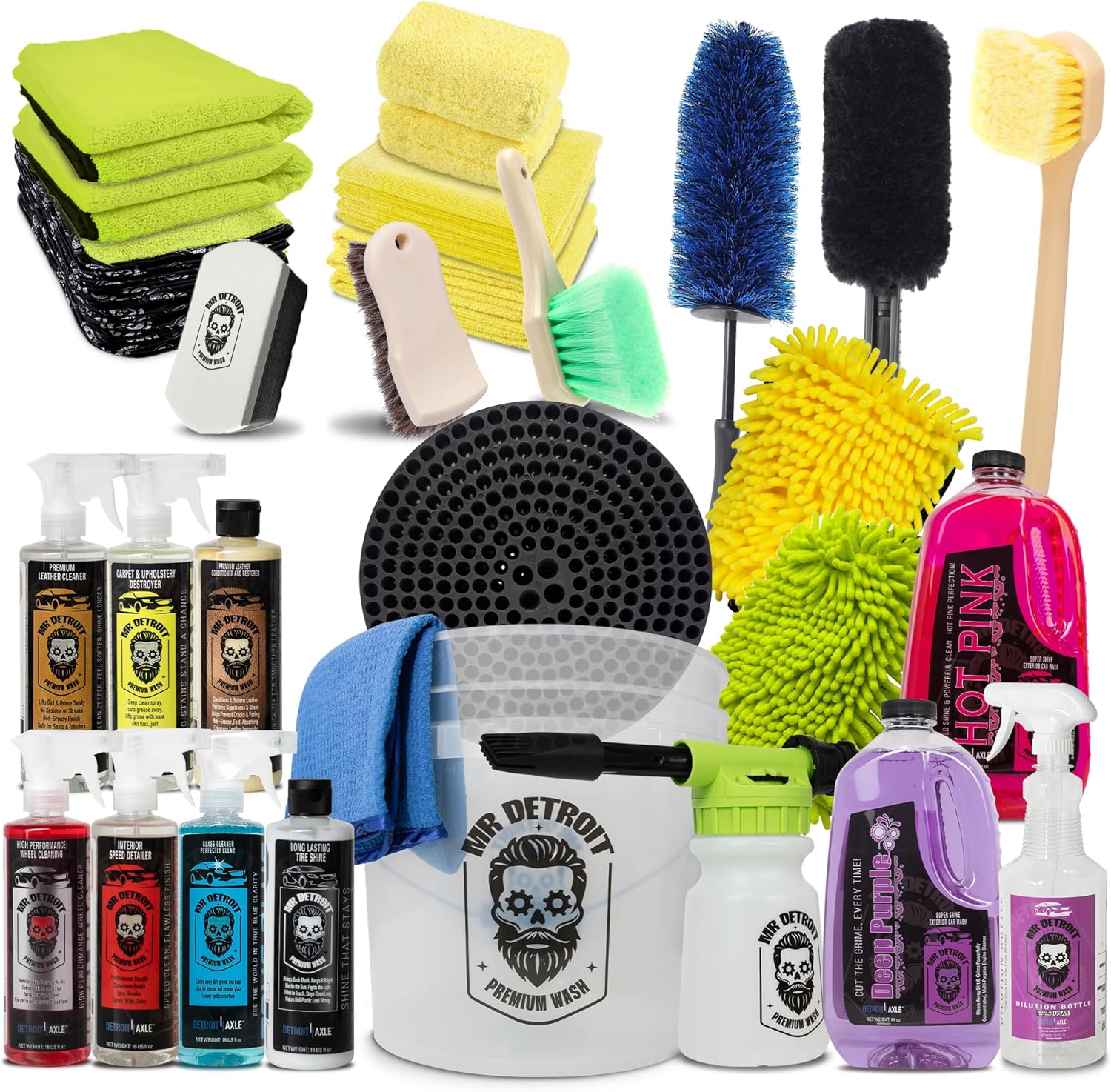 Mr. Detroit - 28pc Car Wash Kit Car Care Cleaners, Bucket, Wash Gloves Towels, Wheel Rim Brushes, Leather Conditioner Cleaner Brushes, Sponge Pads, Interior Exterior Detailing for Vehicles