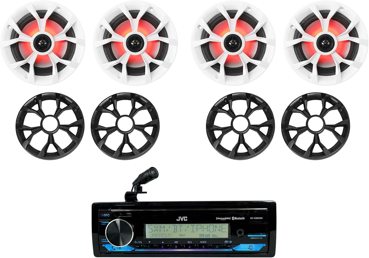 Audiosavings Bundle: JVC KD-X38MBS 1-Din Car/Marine/UTV/Motorcycle Stereo Receiver w/Bluetooth/USB Bundle with (2) Pair Rockville RKL65MBW 6.5