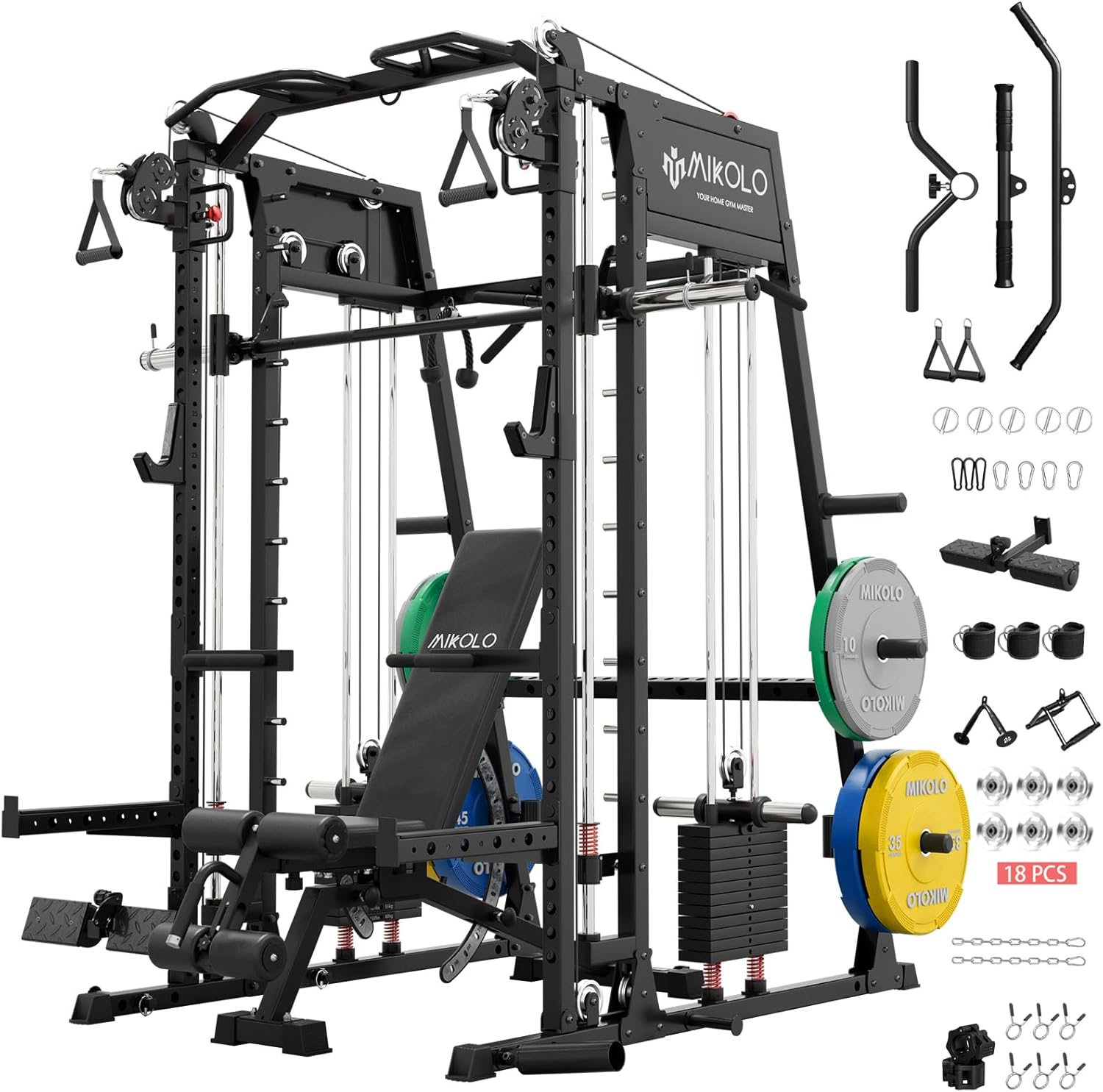 Mikolo Smith Machine, 2200lbs Squat Rack with LAT-Pull Down System & Cable Crossover Machine, Training Equipment with Leg Hold-Down Attachment