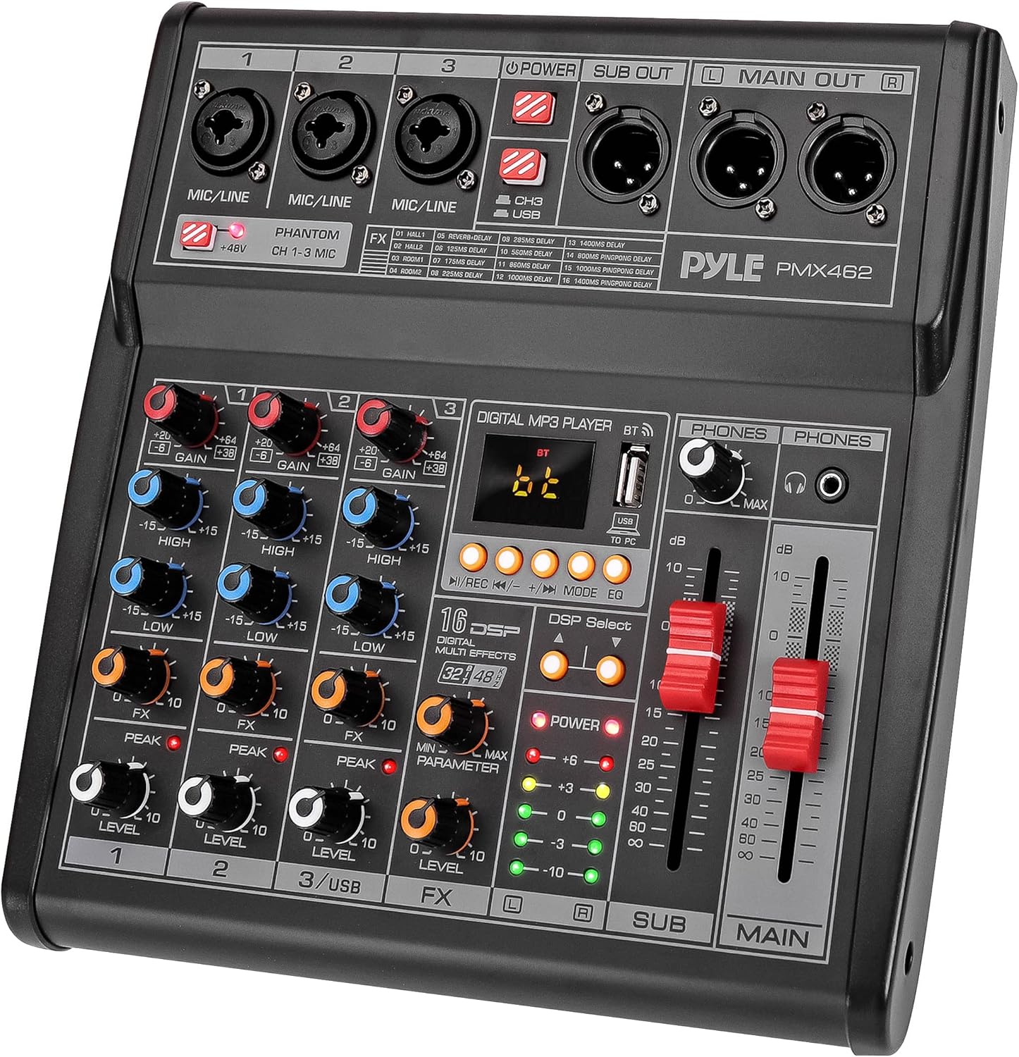 Pyle Professional DJ Audio Mixer - 3-Channel Controller with 16 Preset DSP Effects - USB Interface - 3 Mic/Line Inputs - +48V Phantom Power - Built-in FX Processor - MP3 Player/Headphone Jack - PMX462