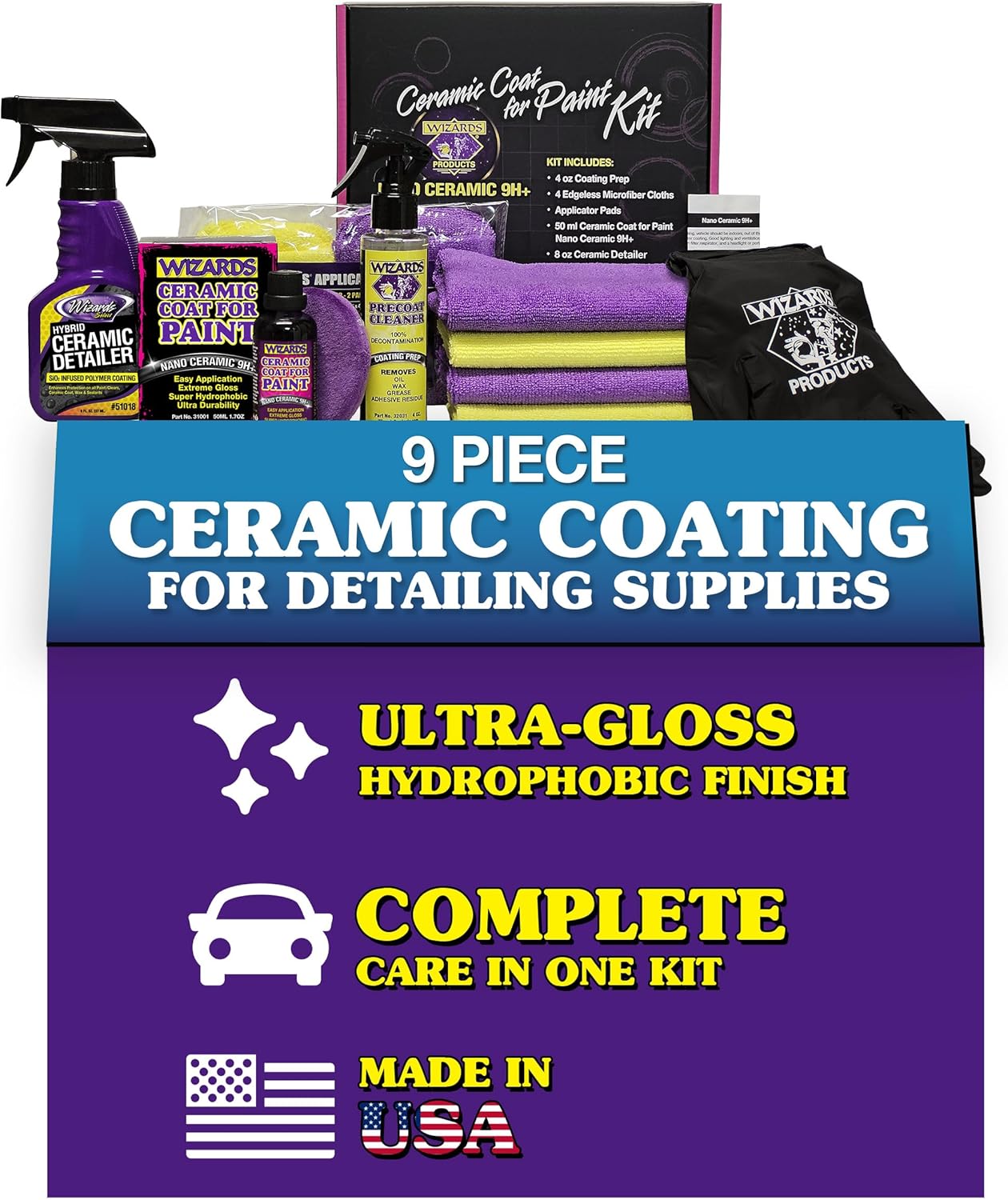 Wizards Ceramic Coat for Paint Kit - 9 Piece Ceramic Coating for Detailing Supplies - Provides High Gloss, Luster, Shine and Protection for Vehicles - Versatile Car Scratch Remover for Auto Detailing