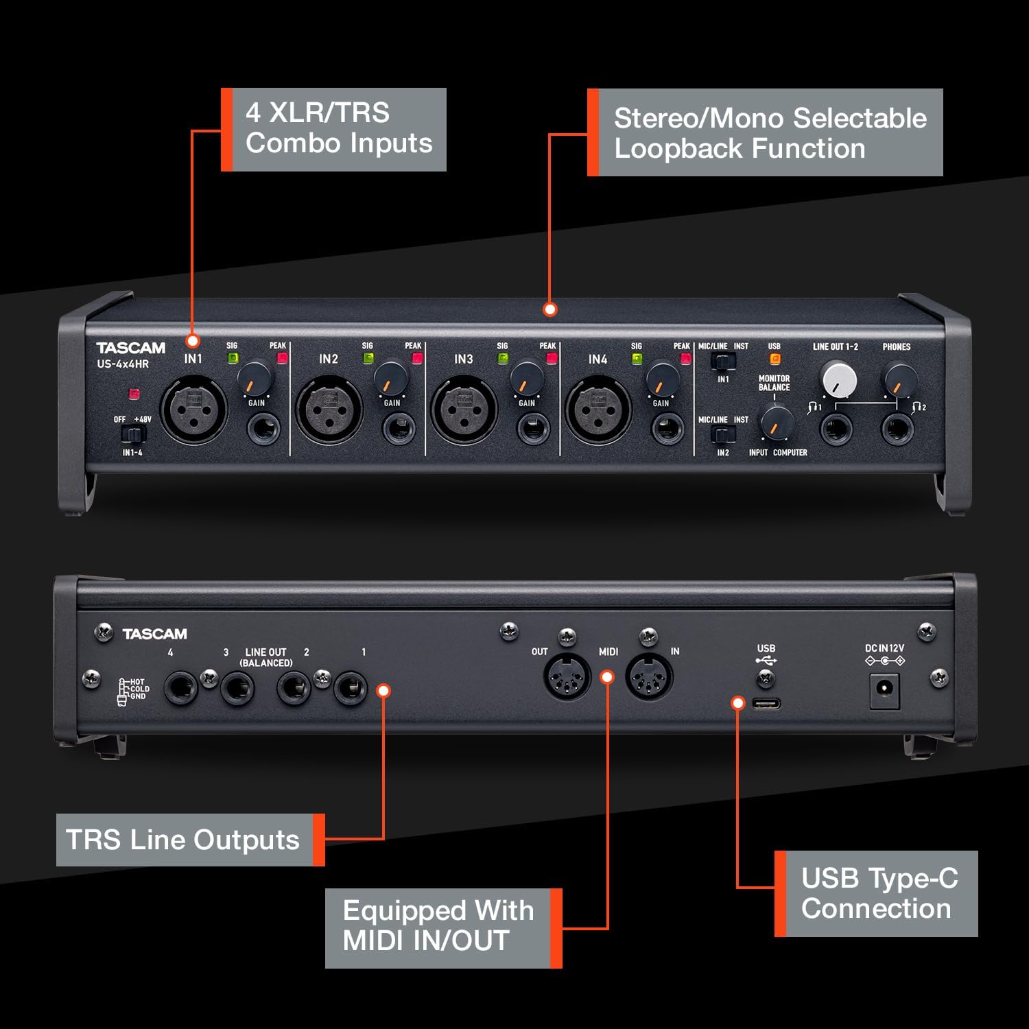 Tascam US-4x4HR 4 Mic 4IN/4OUT High Resolution Versatile USB Audio Interface for Recording, Streaming, Podcasting, Songwriting