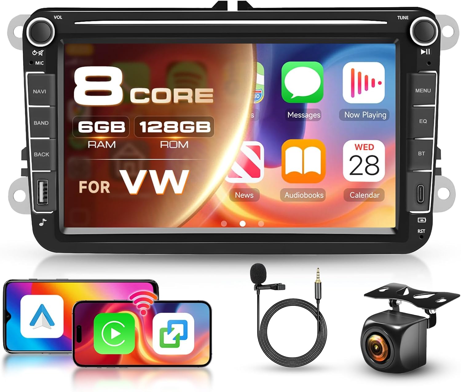 8 Core 6G 128G for VW Seat Golf Polo Passat B6 B7 Jetta Caddy Tiguan Touran Skoda Radio Android 8 Inch Touchscreen Wireless Carplay Android Auto, Driauto Car Stereo Bluetooth GPS WiFi Type-C Camera