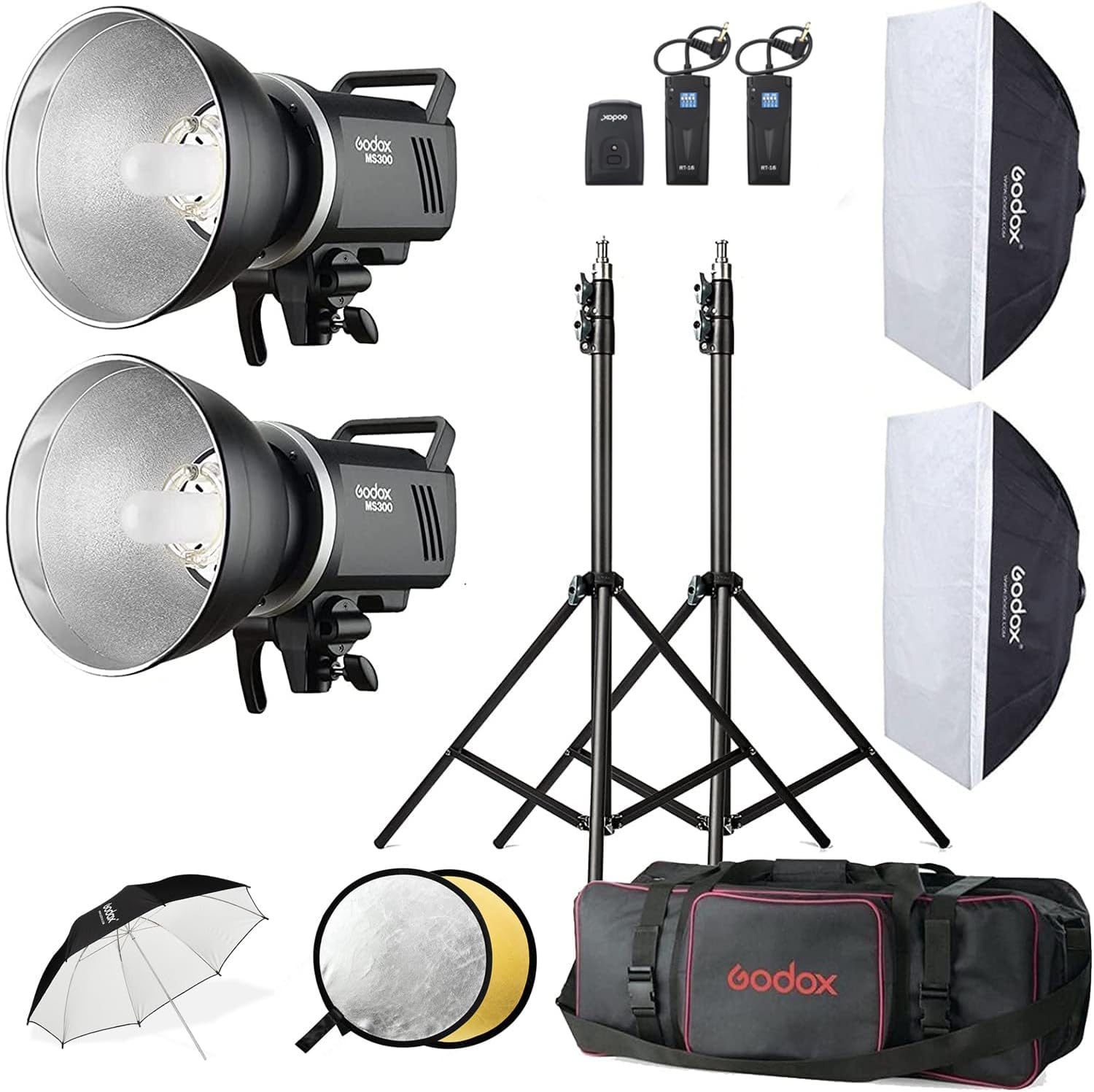 Godox Studio Flash Kit for Photography, 600W Studio Strobe Light Set with Bowens Mount, 2.4G X System MS300 Monolights, Flash Trigger, Softbox, Tripod Stands, Reflector Storage Bag, Umbrella
