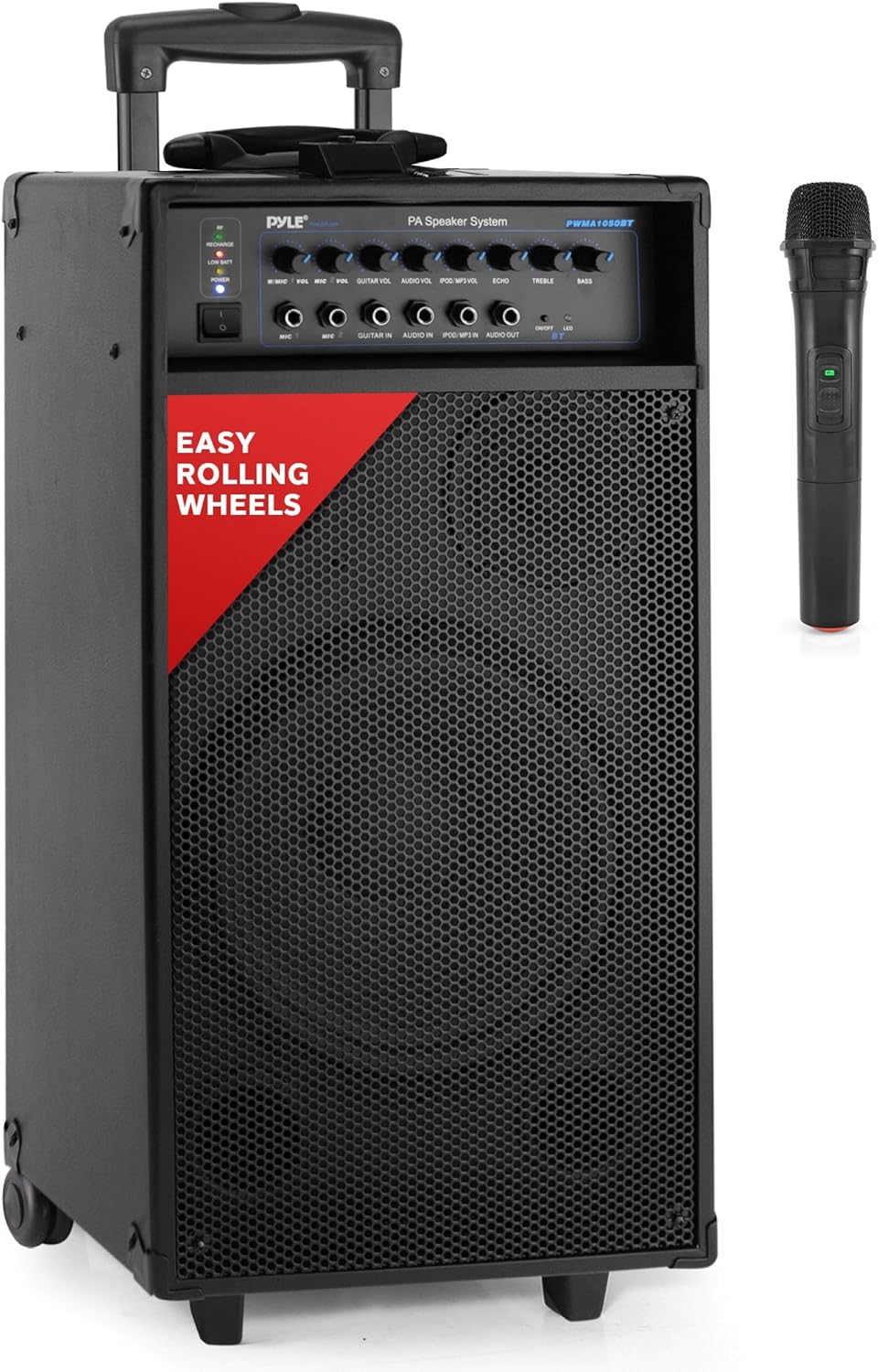 Pyle Outdoor Portable Wireless Bluetooth PA Loud speaker Stereo Sound System with 10 inch Subwoofer, Mid-Range Tweeter, Rechargeable Battery, Microphone, Remote - PWMA1050BT