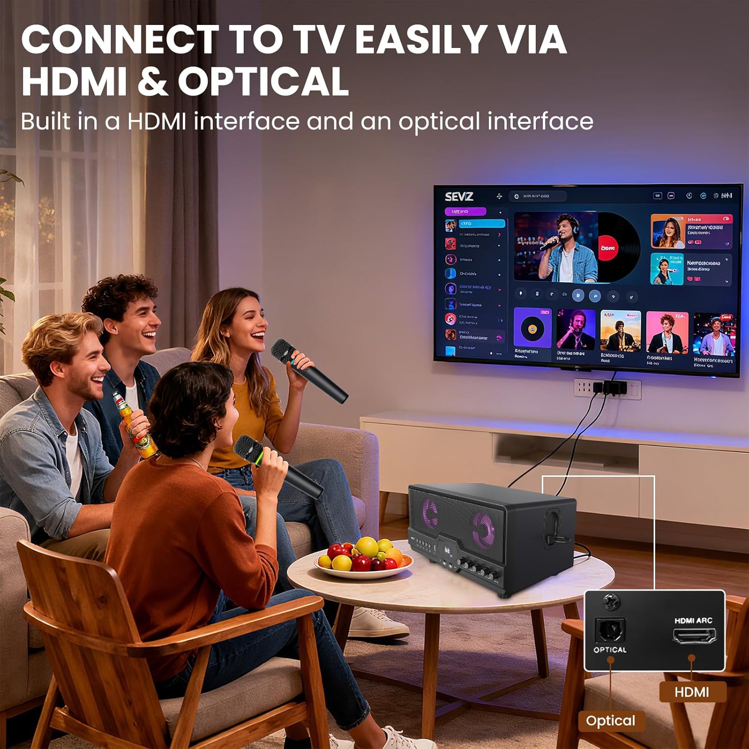 RHM L268 Karaoke Machine, Connect to TV via HDMI & Optical, Support 4 Mics & Bluetooth Connection, with Adjustable Treble and Bass, Powerful Sound & RGB Lights for Home Party