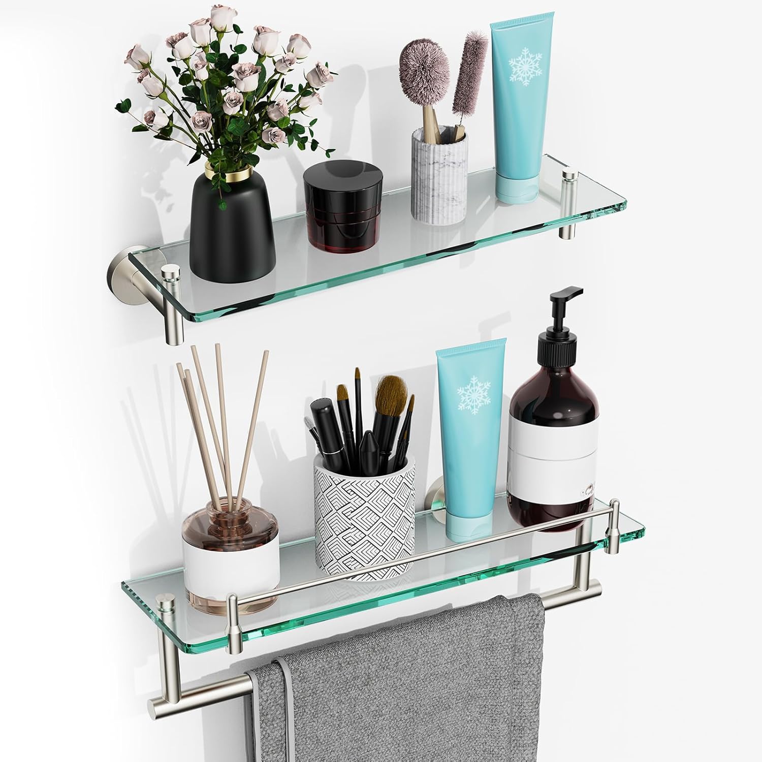Glass Shelf for Bathroom 2 Pack,16-Inches Floating Glass Shelves Towel Bar/Track(Brushed Nickel)