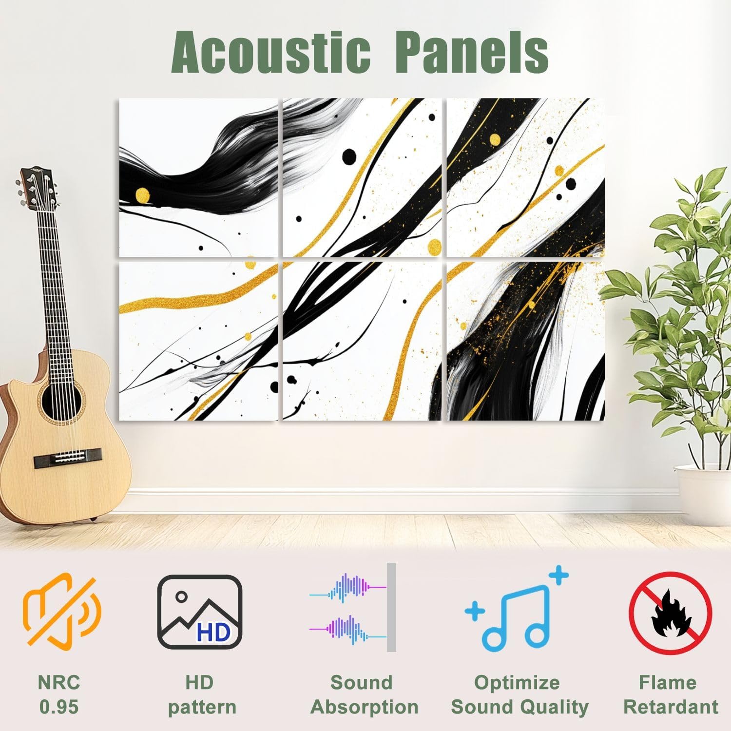 6 Pack Art Acoustic Panels Sound Absorbing Black White Gold Lines Brush Strokes Accents Fluid Dynamic Movement Decorative Soundproof Wall Panels Self Adhesive for Recording Studios Office 72