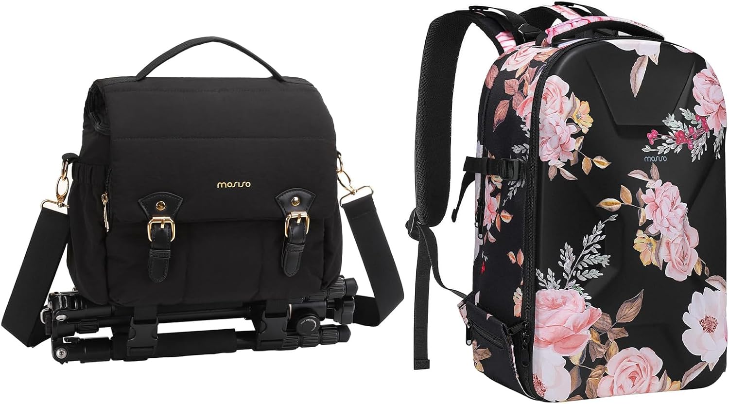 MOSISO Peony Waterproof Hardshell Camera Backpack with Tripod Holder & Laptop Compartment, Puffy Padded Flap Crossbody Photography Handbag for Women with Tripod Holder&Rain Cover, Black