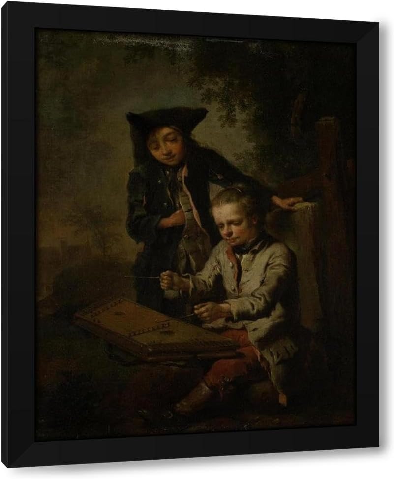 Johann Conrad Seekatz 28x35 Extra Large Black Modern Framed Art Print Titled: Two Boys, One of Them Playing the Dulcimer (Ca 1758)