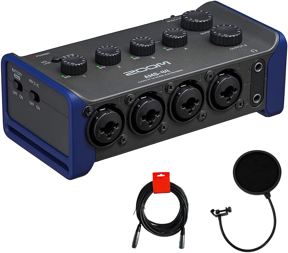 Zoom AMS-44 4x4 USB-C Audio Interface for Music and Streaming Bundle with Kellopy Pop Filter and XLR-XLR Cable