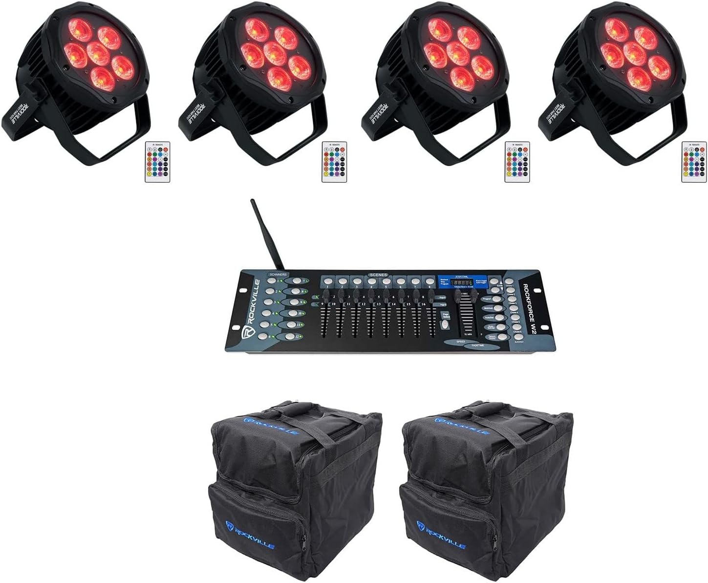 Rockville Best PAR H2O Bundle: (4) IPX54 Water Resistant RGBWA+UV Indoor/Outdoor Battery Par Lights, (2) RLB40 Padded Bags, ROCKFORCE W2 192-Channel Wireless DMX Lighting Controller, 7-Items