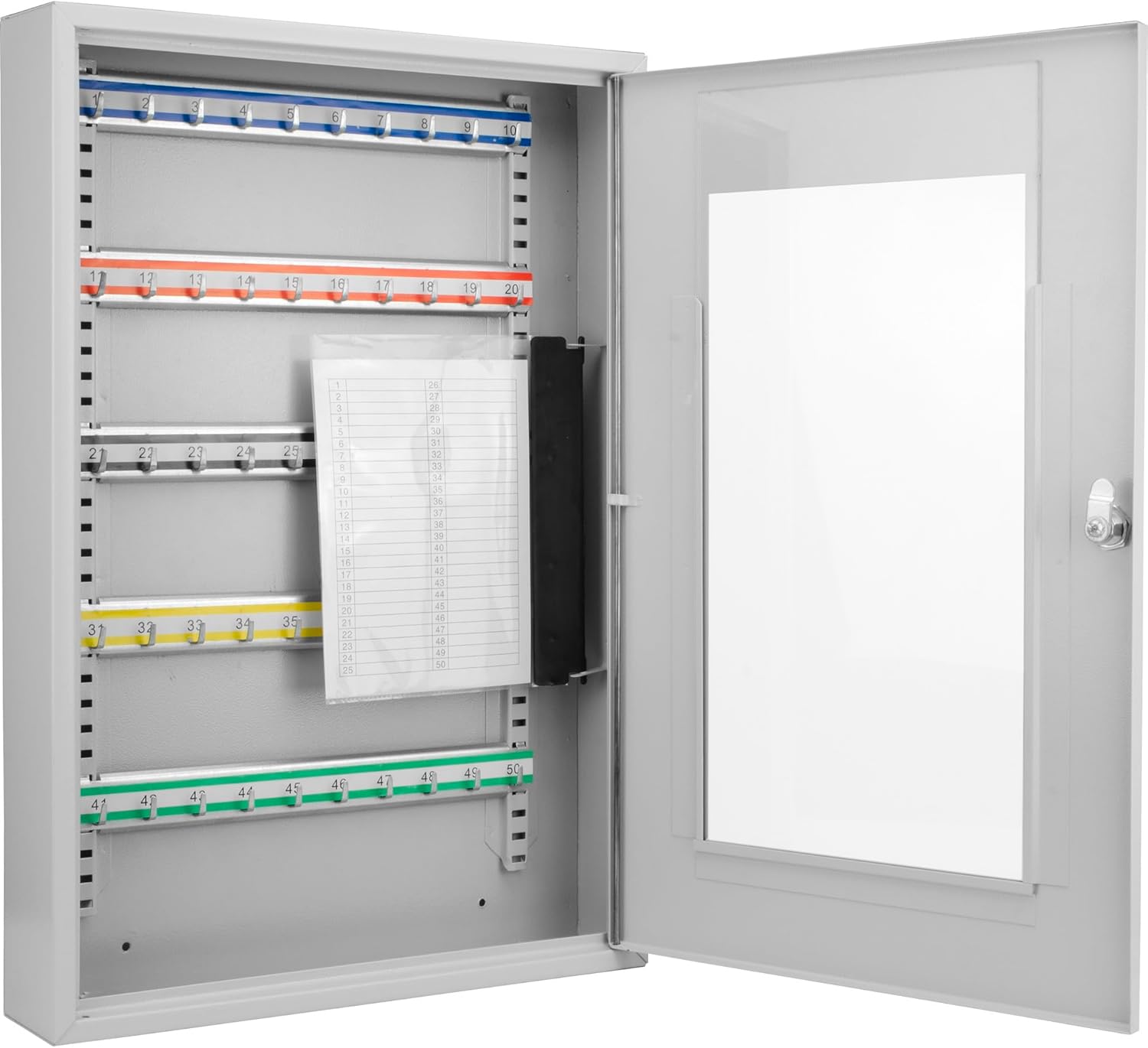 Barska Key Lock Box with Glass Door – Wall Mount Steel Key Cabinet Organizer with Labeled Hooks and Colored Key Tags for Home, Office, Property Management