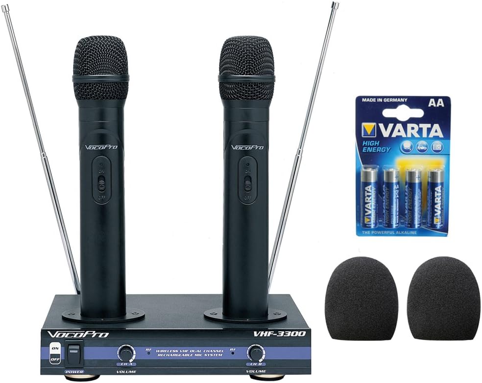 VocoPro VHF-3300-2 Channel VHF Rechargeable Wireless Microphone System with (2) WHF-158 Foam Windscreen and Battery (4-Pack)