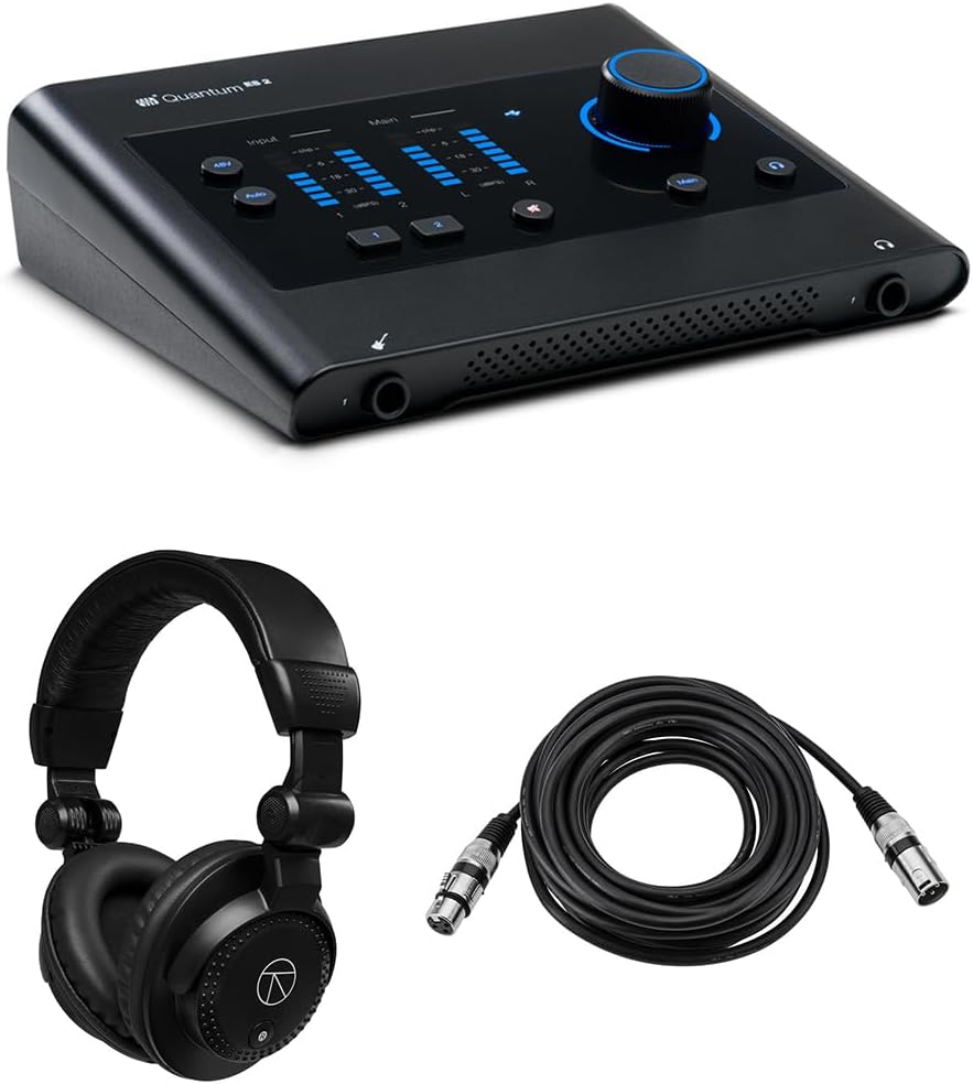 PreSonus Quantum ES 2 2x2 24-Bit USB-C Audio Interface, Bundle with TAPH100 Monitor Headphones and 25' Microphone Cable