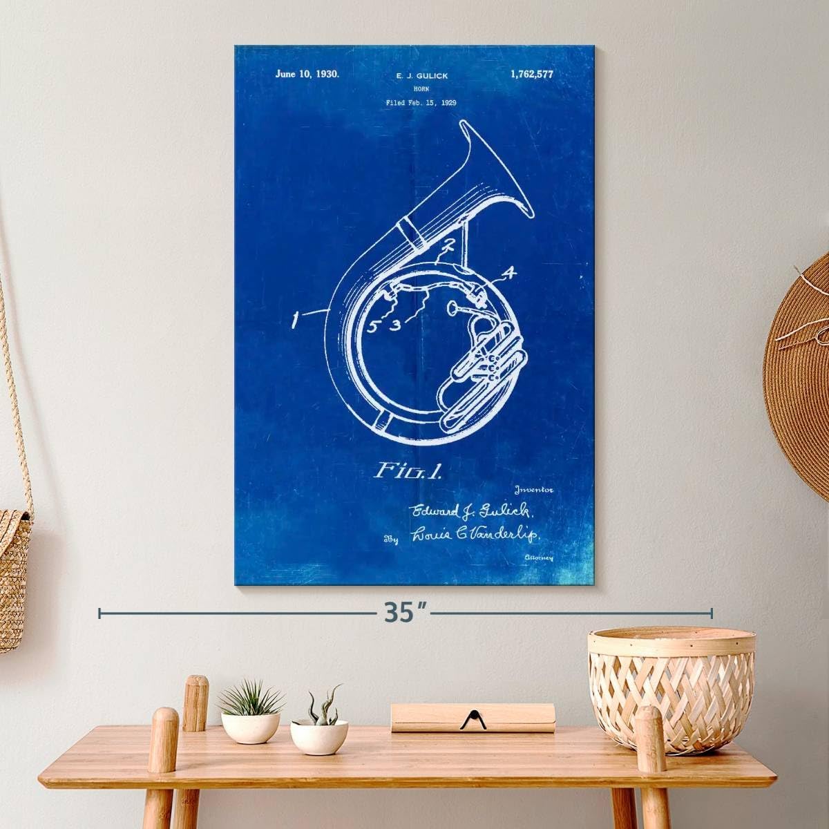 Elephant Stock - Faded Blueprint Sousaphone Patent Poster Wall Art - Vertical Canvas Wall Art - Hallway Wall Decor - Drawing Music Blueprints Canvas Art - Blue And White Decor by Cole Borders - 20