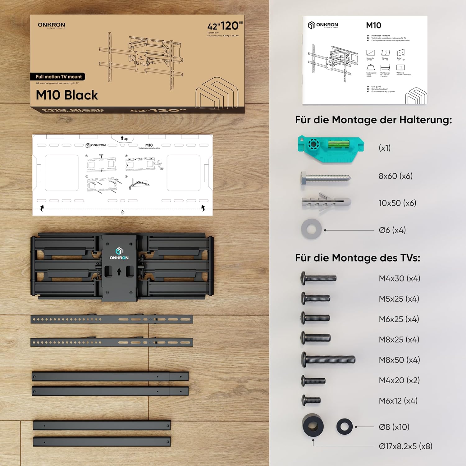 ONKRON Full Motion TV Wall Mount for 42-120 Inch Screen up to 220 lbs, Heavy Duty TV Mount Swivel and Tilt, Long Extension Arm, max VESA 1000x600, Ultra Slim Articulating Television Bracket Black