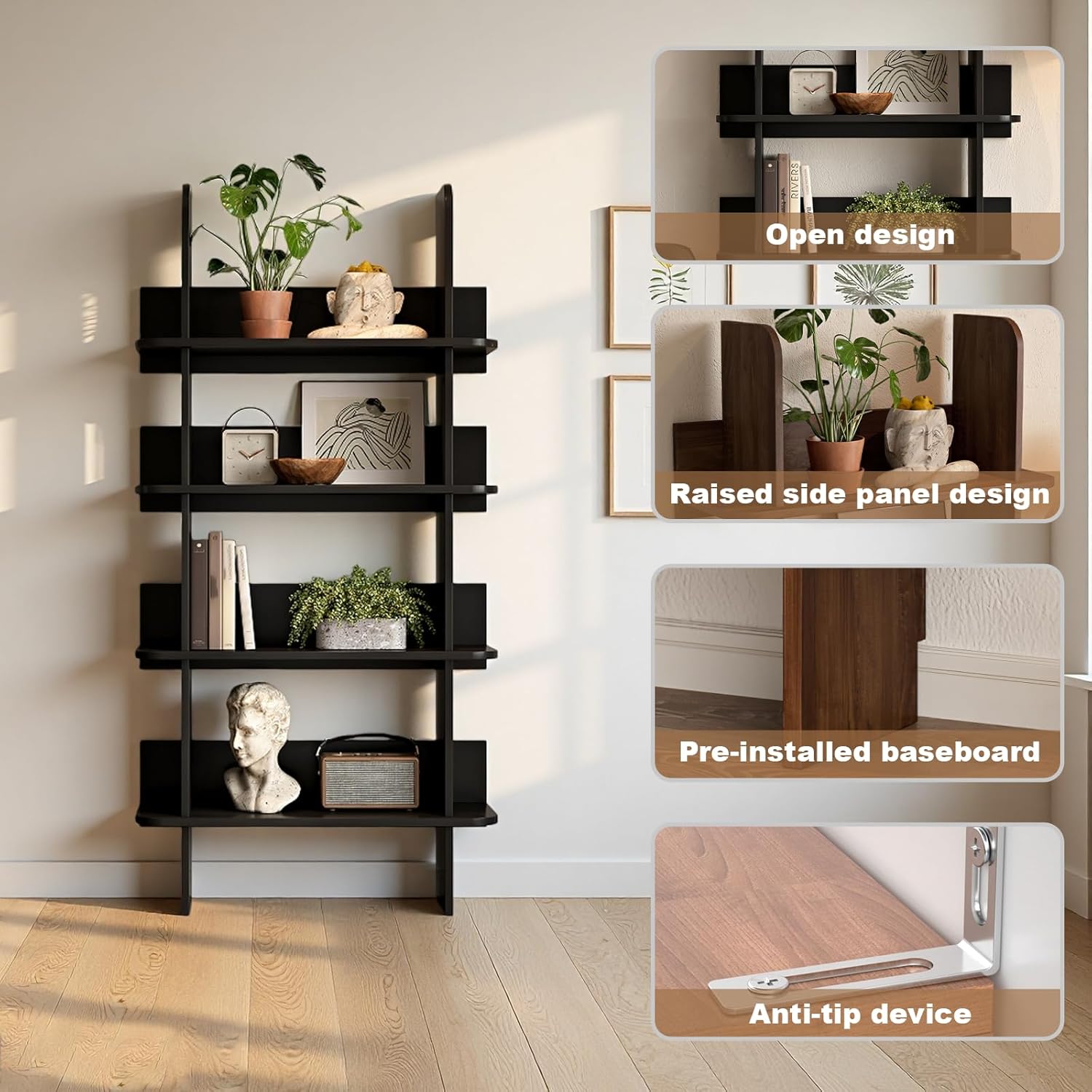 4-Shelf Modern Bookcase,Open Wall Mount Ladder Bookshelf,Modern Tall Narrow Storage Organizer,Large Storage Book Shelves & Display Book Shelf,for Bedroom Living Room Office