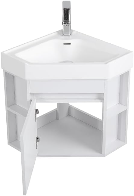 Tennant Brand 18 Inch Wall Mount Corner Bathroom Vanity with Matte Solid Surface (White)