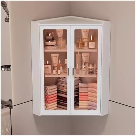 Compact Corner Medicine Cabinet - Wall Mount Bathroom Storage with Glass Doors, Over-The-Toilet Cabinet for Bathroom, Kitchen, Laundry, Dorms (Transparent, 35)