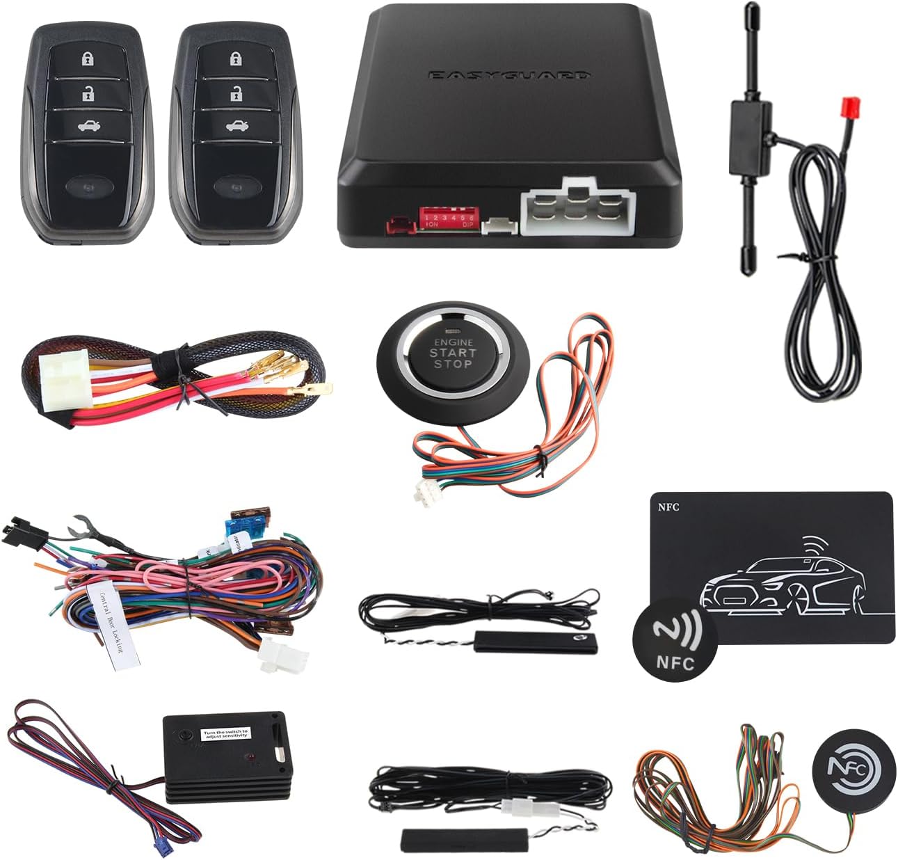 EASYGUARD EC002-T2-NS PKE Car Alarm System Proximity Sensor Lock Unlock Remote Engine Start Push Start Button NFC Lock and Unlock Vibration Alarm DC12V