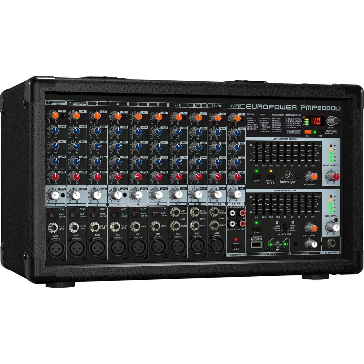 Behringer EUROPOWER PMP2000D 2000-Watt 14-Channel Powered Mixer - With 4x 25' XLR Microphone Cables