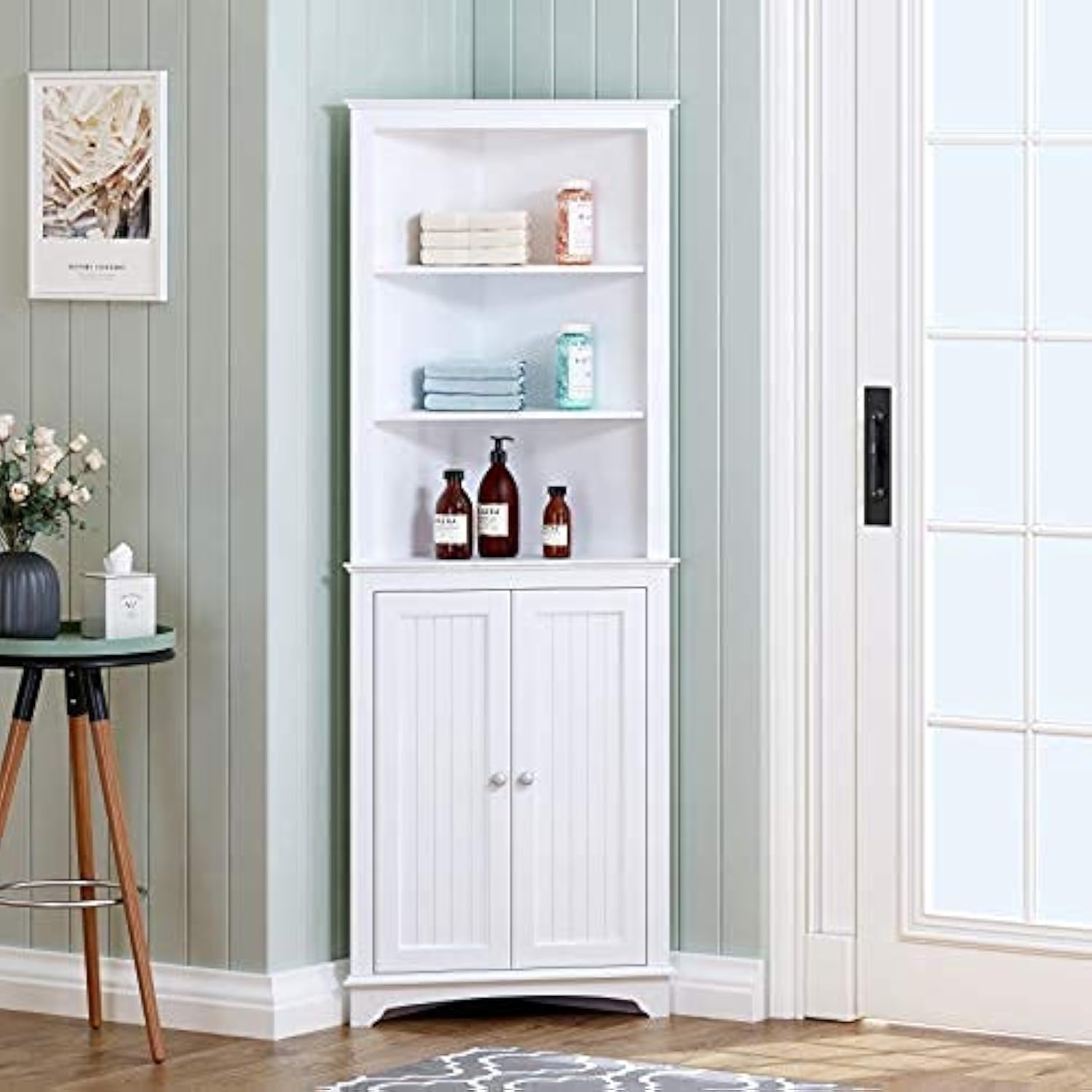 Spirich Tall Corner Cabinet with Doors and Shelves, Freestanding Corner Storage Cabinet for Bathroom, Kitchen, Living Room, White