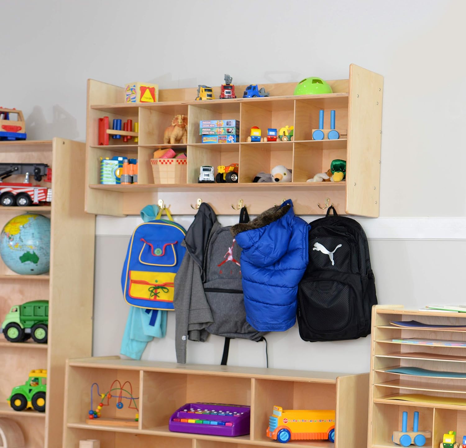 Contender Cubby Storage Organizer Cubes, Daycare Shelves with 10 Cubbies with Hooks and Shelf, Hanging Wall Mount, Furniture for Kids Toys, Classroom, 47-inch Width