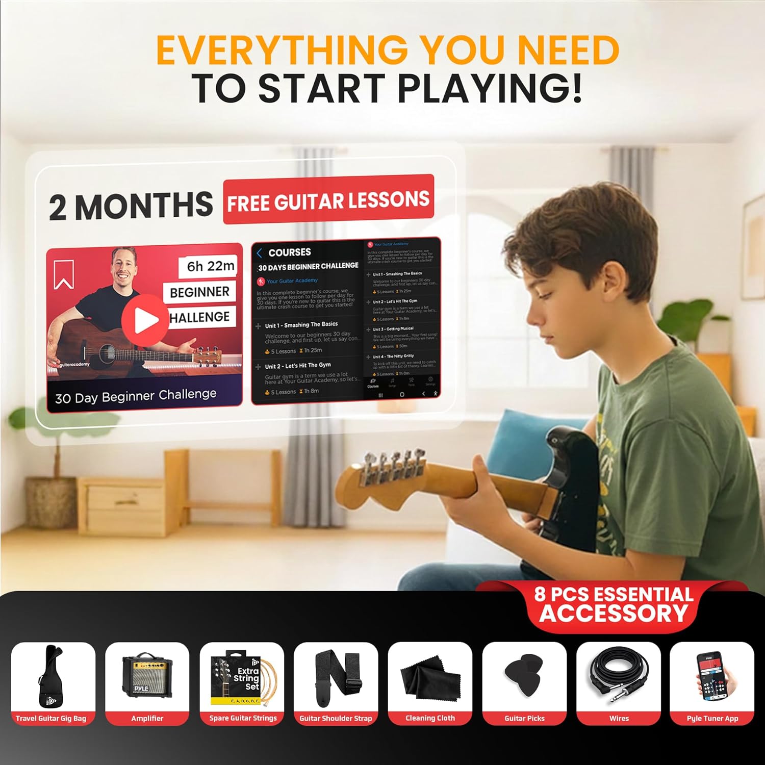 Pyle Electric Guitar Kit with Amp, Full Size Instrument with Humbucker Pickups, Guitarra Electrica Amplifier and Beginner Bundle Accessories, 39