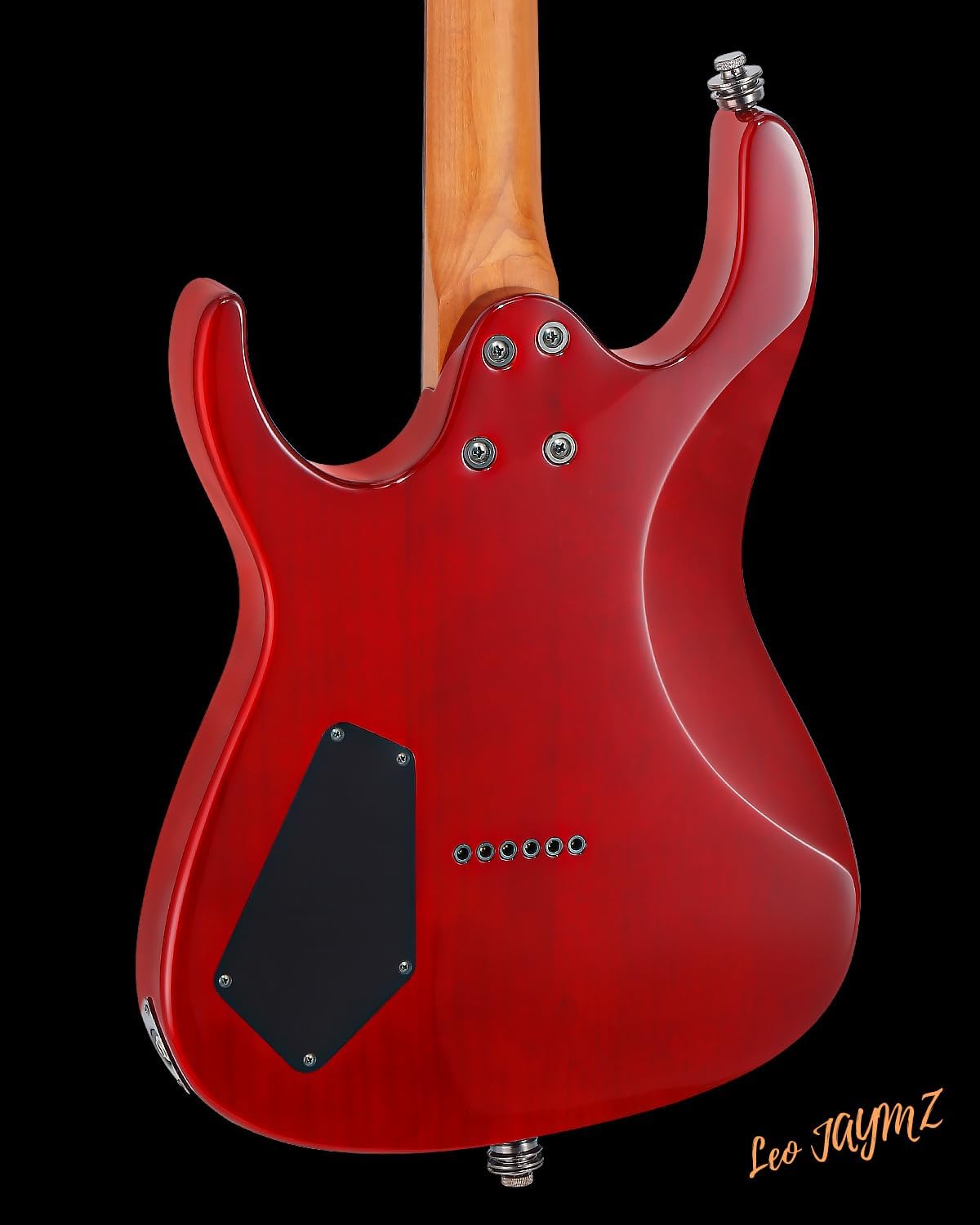 Leo Jaymz Electric Guitar Monsoon Deluxe Series, Reverse Headstock, Burl Top, Mahogany Body, Roasted Maple Neck, Rosewood Fretboard, Case (Red)