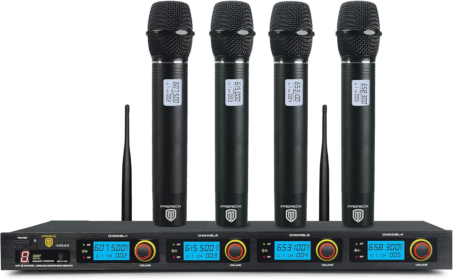 PRORECK MX44 4-Channel UHF Wireless Microphone System with 4 Hand-held Microphones Karaoke Machine for Party/Wedding/Church/Conference/Speech