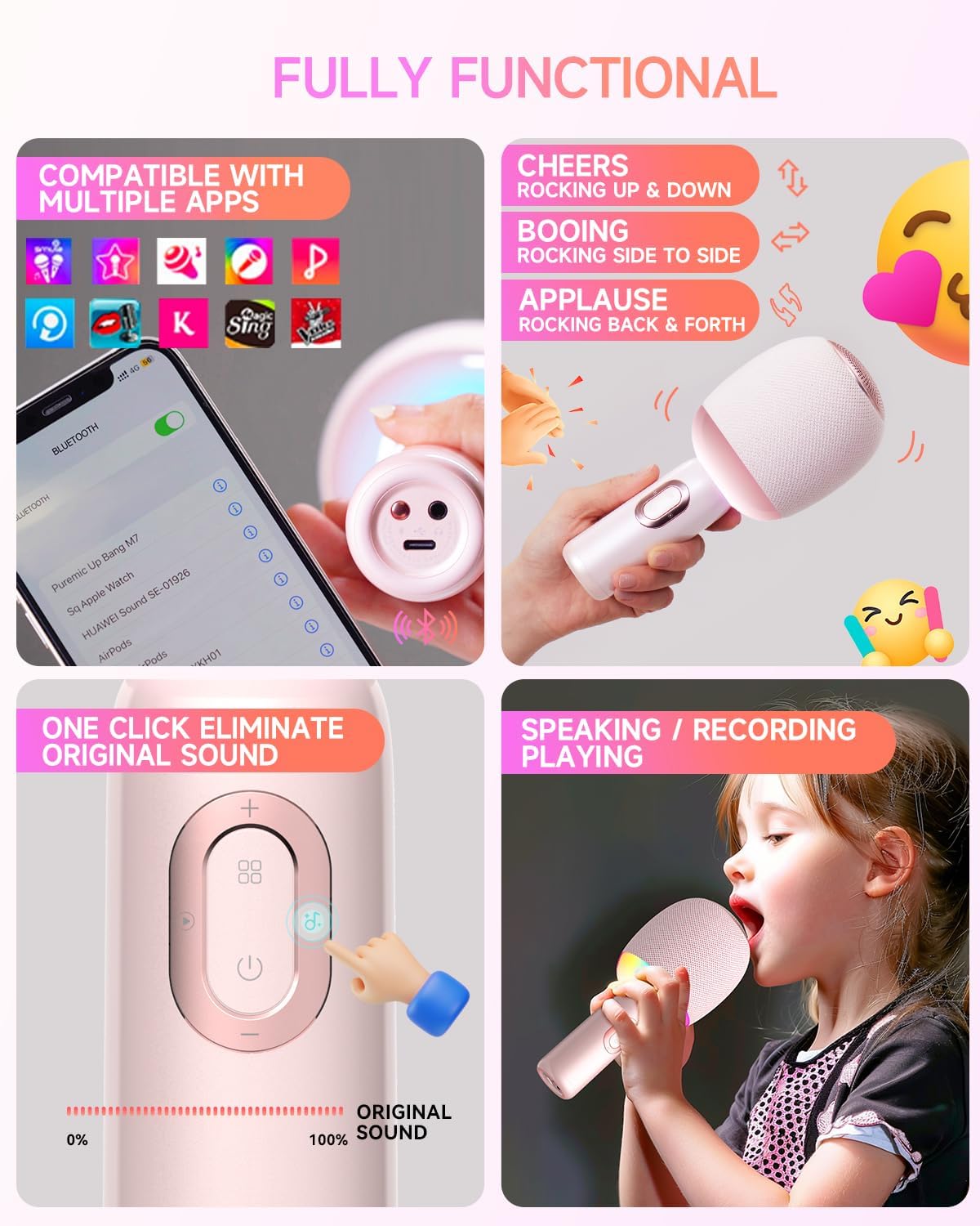 Wireless Bluetooth Karaoke Microphone, 5-in-1 Portable Handheld Mic Speaker with Dynamic Lights, Karaoke Microfono for Car Travel Home Party, Music Record, Duet Singing Gifts for Adults Kids (Pink)