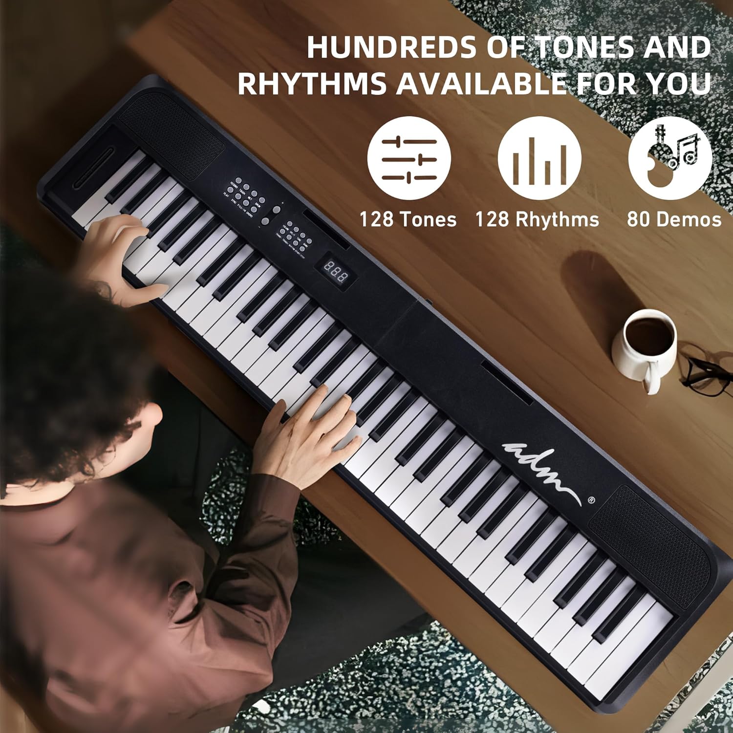 ADM 61 Key Folding Electric Piano Keyboard, Foldable Electronic Keyboard, Wireless 128 Tones, 128 Rhythms Includes Pedal, Gig Bag, Headphones for Beginners, Students, Teenagers, Adults, Black
