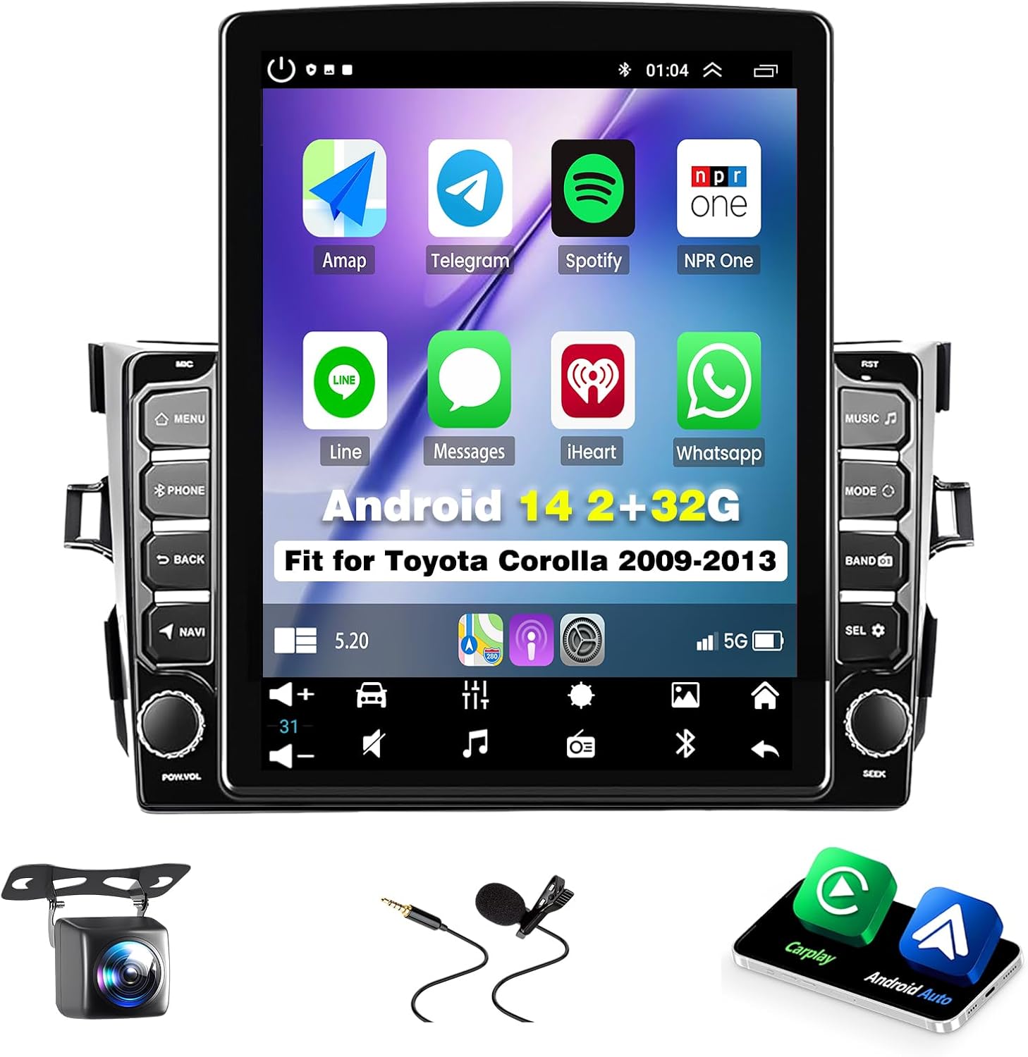 Android 14 Car Stereo Fit for Toyota Corolla 2009-2013, 9.7inch Touch Screen with Wireless Carplay Android Auto AHD Backup Camera Mirror Link GPS SWC WiFi FM,2+32G