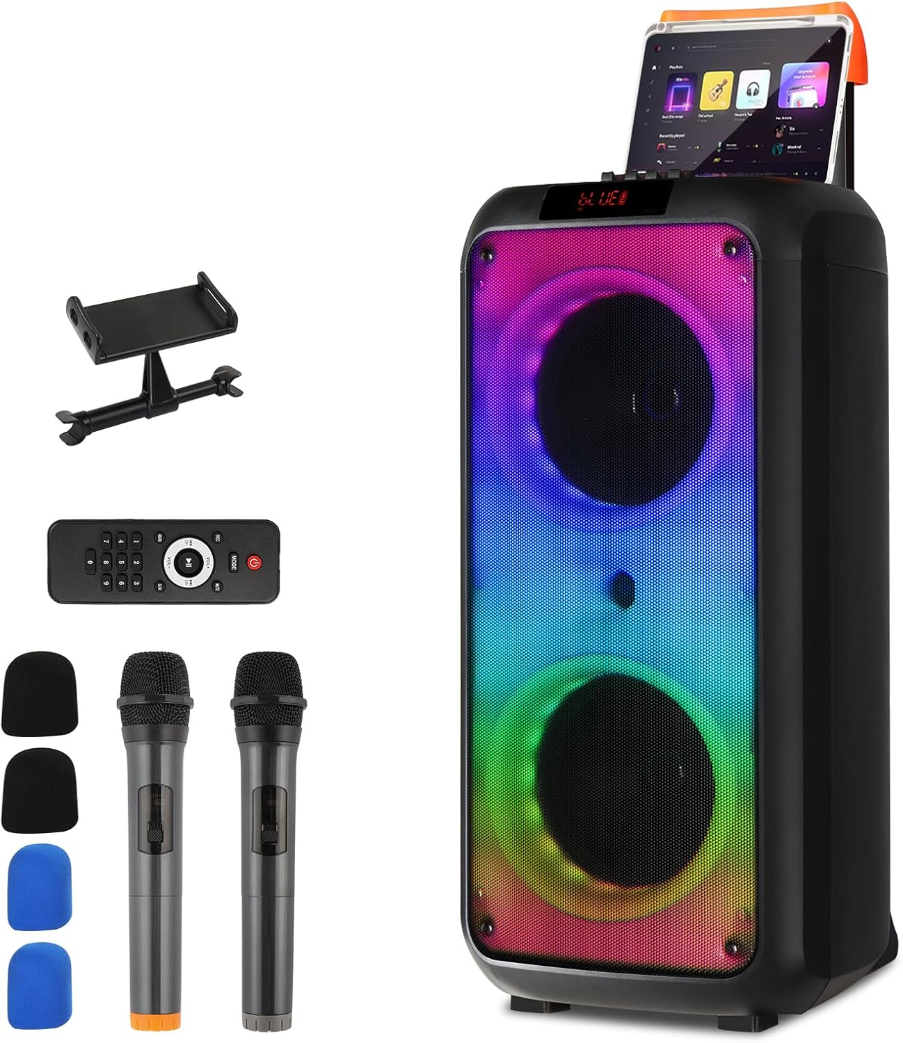 Ktaxon Karaoke Machine with 2 Wireless Microphones, Portable Outdoor & Indoor Bluetooth Speaker with Multi Light Modes, Dual 8