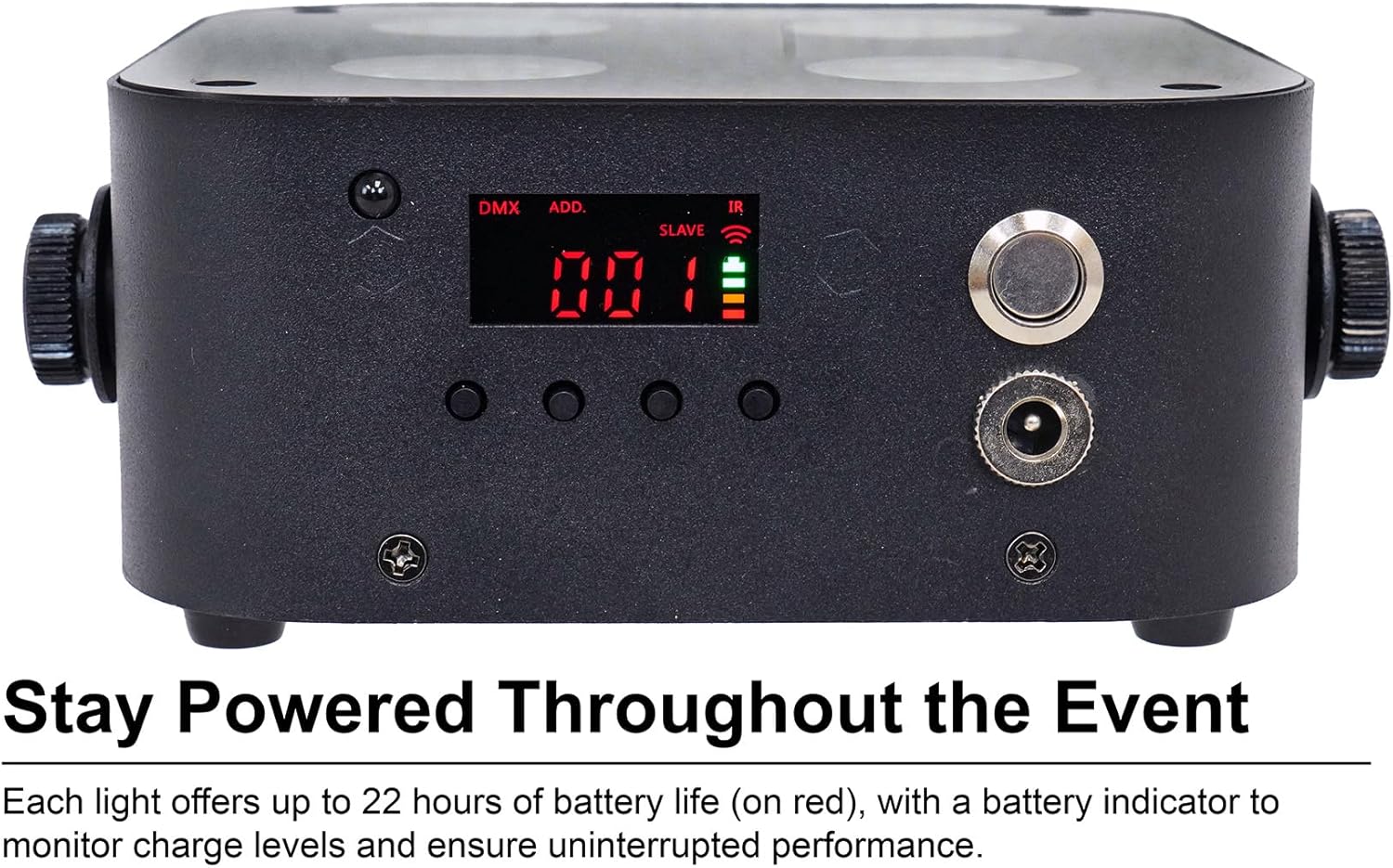 Rockville Mini IR4 Black LED Wash Light, RGBWA+UV, Compact, App Control, LCD, Wireless DMX, Remote, Rechargeable, Perfect for DJ & Event Lighting