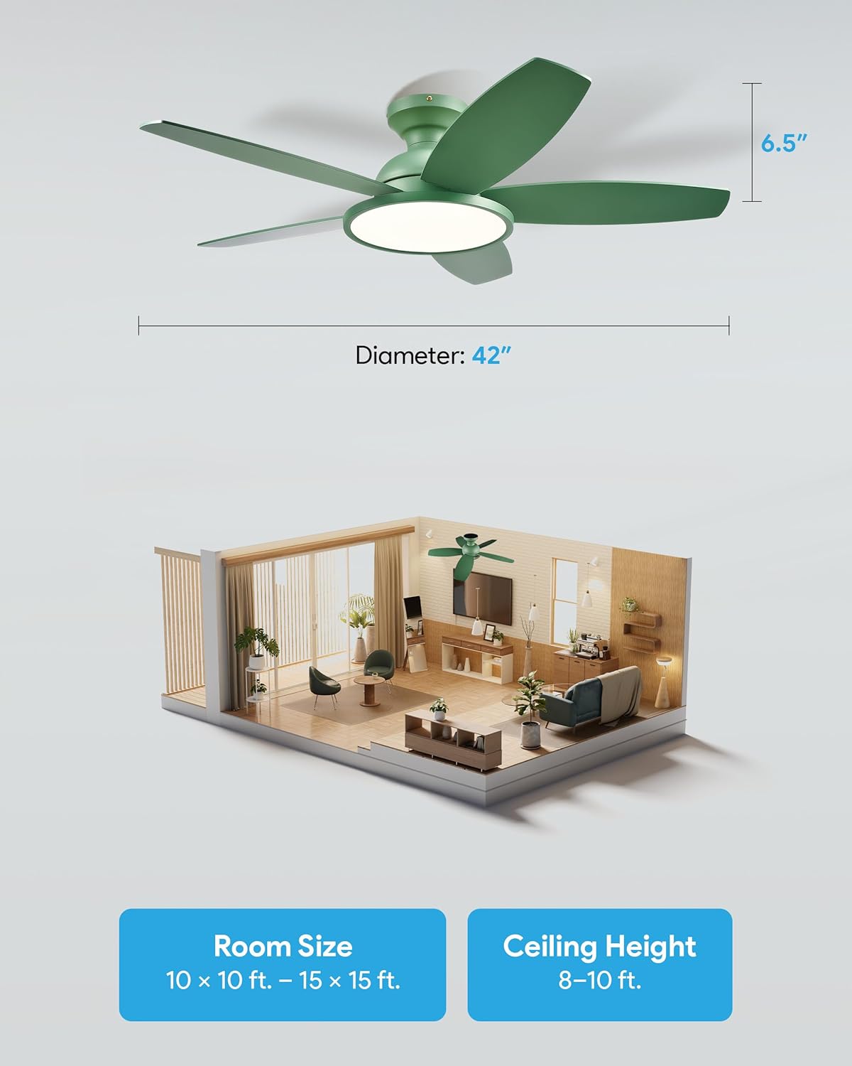 VONLUCE Ceiling Fans with Lights, 42 Inch Ceiling Fan and Remote, Full-spectrum LED Light, 3CCT, 6-Speeds Noiseless Reversible DC Motor, Modern Flush Mount Ceiling Fan for Farmhouse Bedroom Indoor