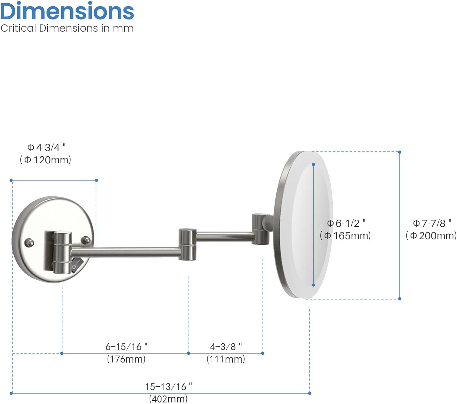 KIBI LED Wall Mount Makeup Mirror, 5X Magnification, One-Sided, Circular Lighted Mirror with Adjustable Arm | Magnifying Vanity Mirror with Light for Bathroom or Bedroom (Brushed Nickel, KMM102)