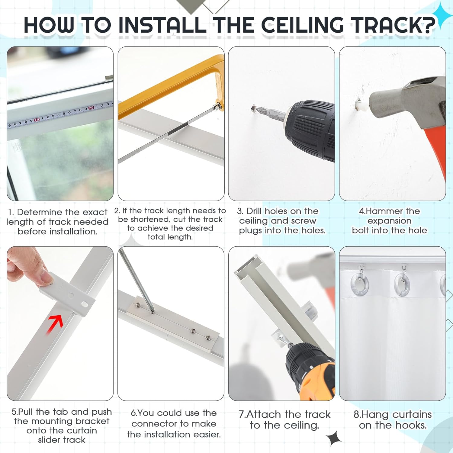 Juexica 3ft-13ft / 4 Meter Curtain Track Set with 90 Degree Corner Bends, Ceiling or Wall Mount, Aluminum Heavy Duty Ceiling Mount Adjustable Length Curtain Rails with Rods Clips Hooks (White)