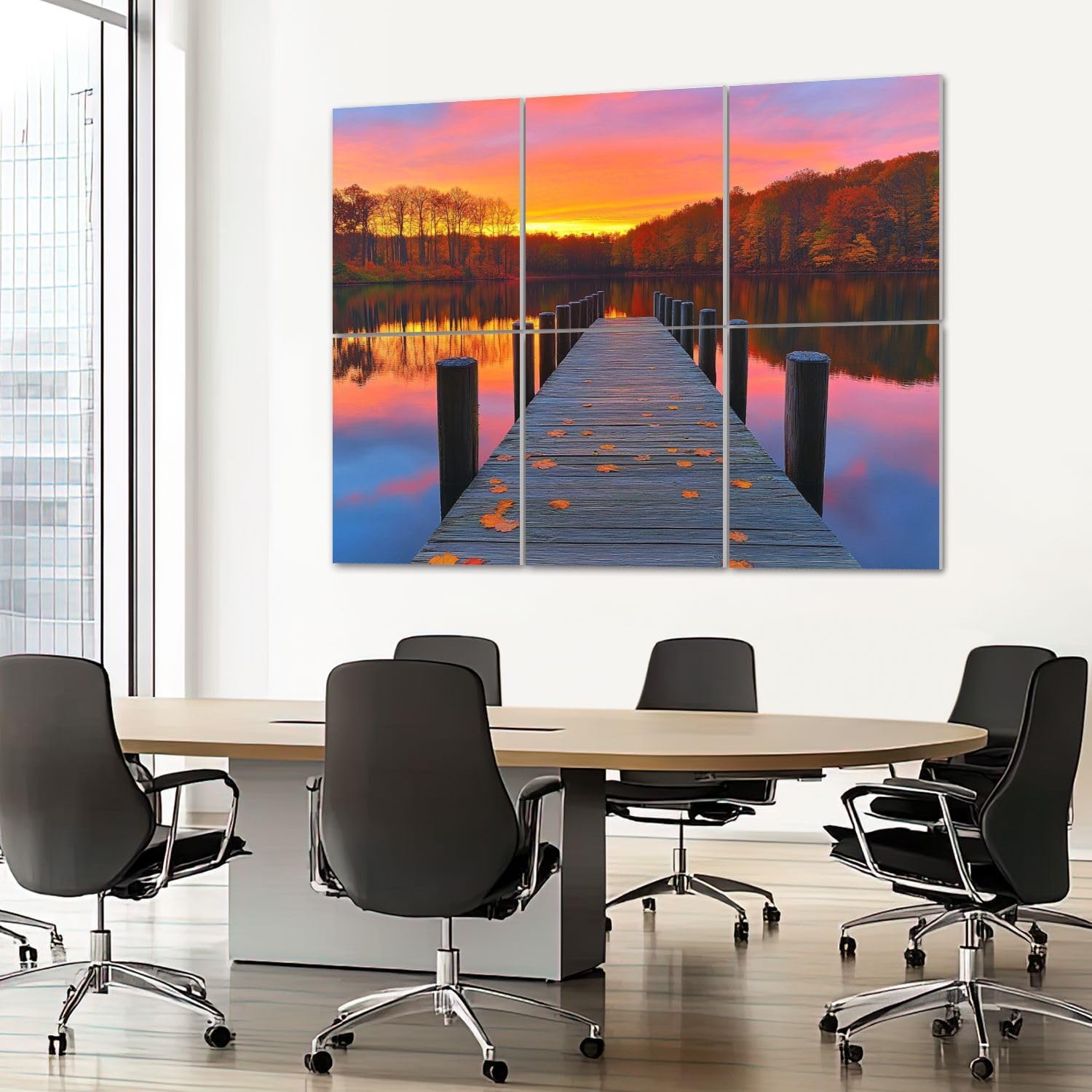 6 Pack Art Acoustic Panels Sound Absorbing Autumn Wooden Pier Leaves Calm Lake Sunset Forest Watercolor Realistic Decorative Soundproof Wall Panels Self Adhesive for Recording Studios Office 72