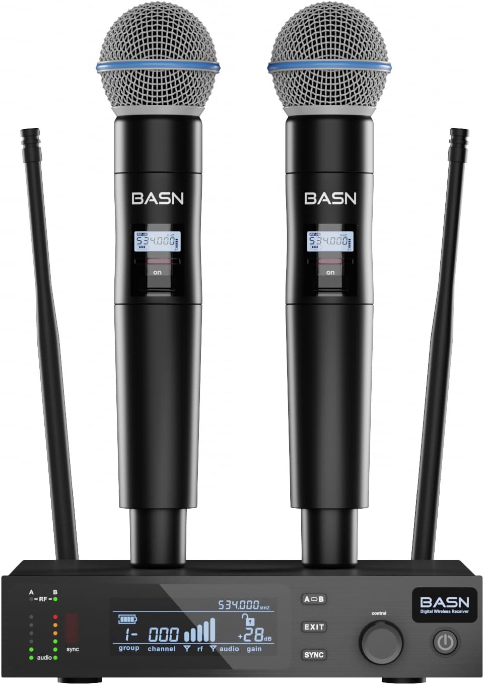 BASN UHF Dual Channel Wireless Microphone System, Handheld Mics for Stage, Karaoke, Weddings, DJ, and Events (Black)