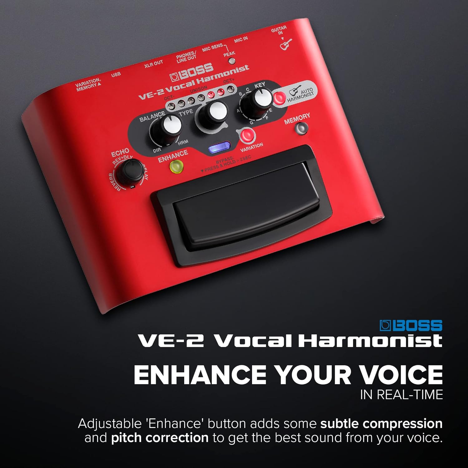 BOSS VE-2 Vocal Echo Pedal for Singing Guitarists | Real-Time Vocal Harmonies and Effects | Create Harmonies with Manual Key Selection | Connect Guitar for Auto Harmony Function | 24 Harmony Types