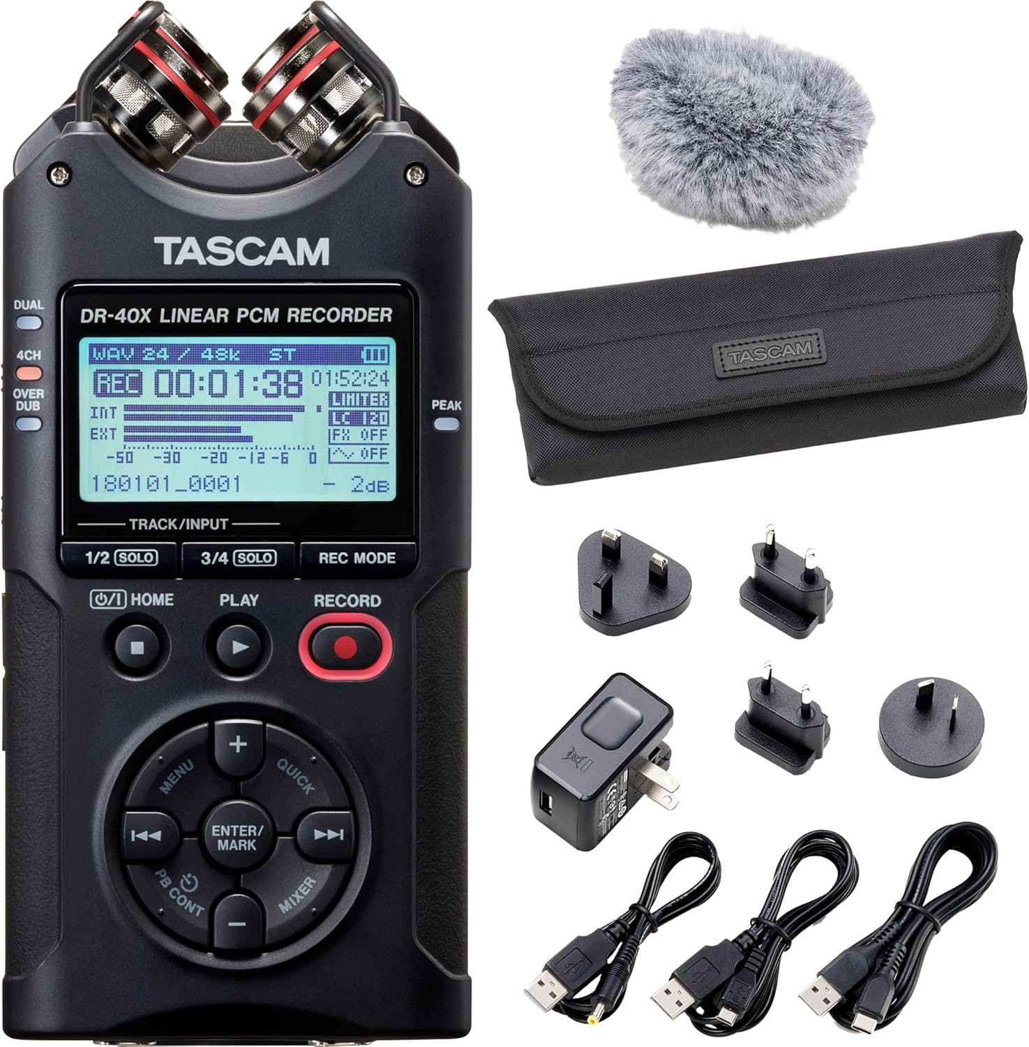 TASCAM DR-40X with Windscreen, Power Adapter and Case