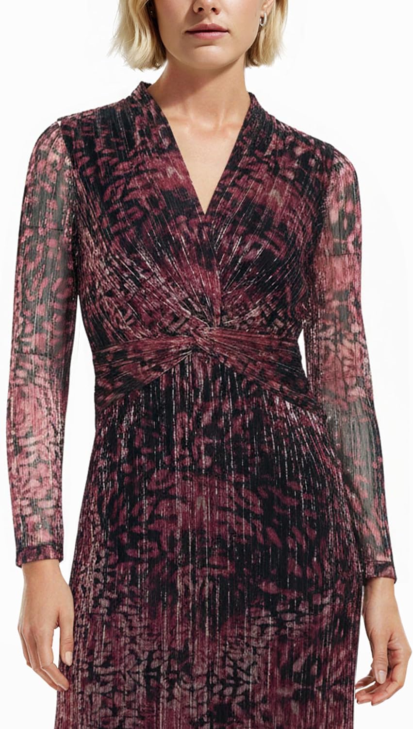 Anne Klein Womens Long Sleeve Twist Front Printed Shine Midi Dress